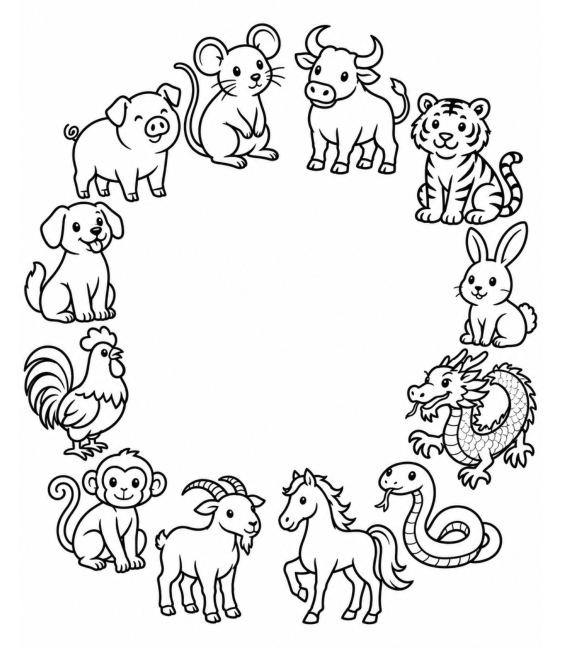 Preview of Chinese Zodiac Animals Coloring Page Printable