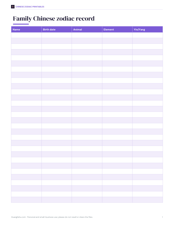Preview of Printable Chinese Zodiac Family Record
